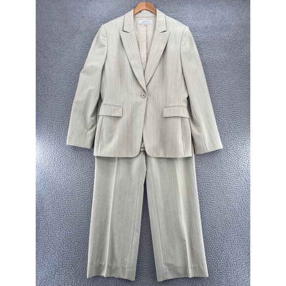 Tahari Suit Set Womens 12 Beige Pin Stripe Peak Lapel Pockets Office Career Work - Picture 1 of 16